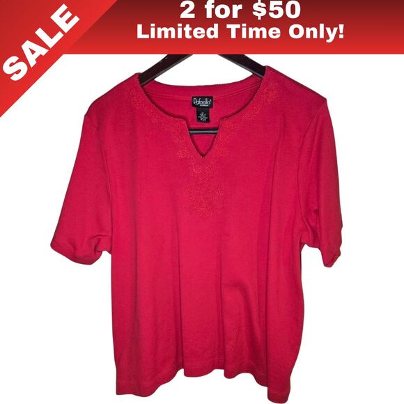 [Sale: 2 for $50!] Rafaella Woman Red Embroidered Short-Sleeve Shirt 2X 0240 - Picture 1 of 8